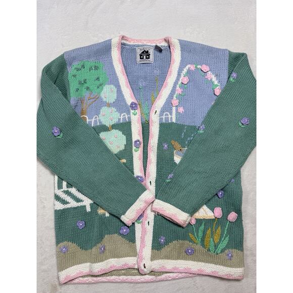 Storybook Knits Sweaters - Storybook Knits Spring Garden Scene Cardigan Sz Med Blue Grandmacore Vintage